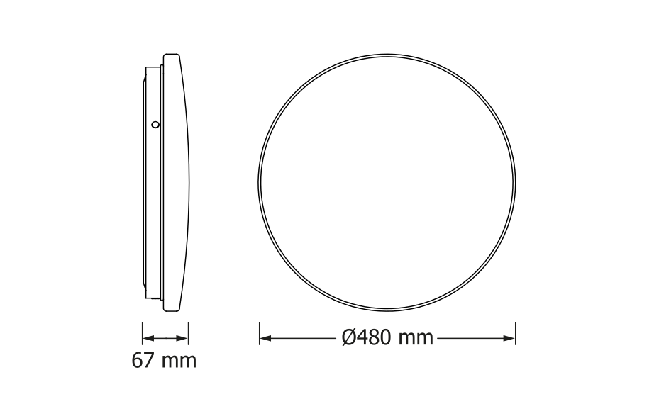 Kerek tárgy diagramja méretekkel. Átmérő 480 mm, vastagság 67 mm. Oldal- és elölnézet látható.