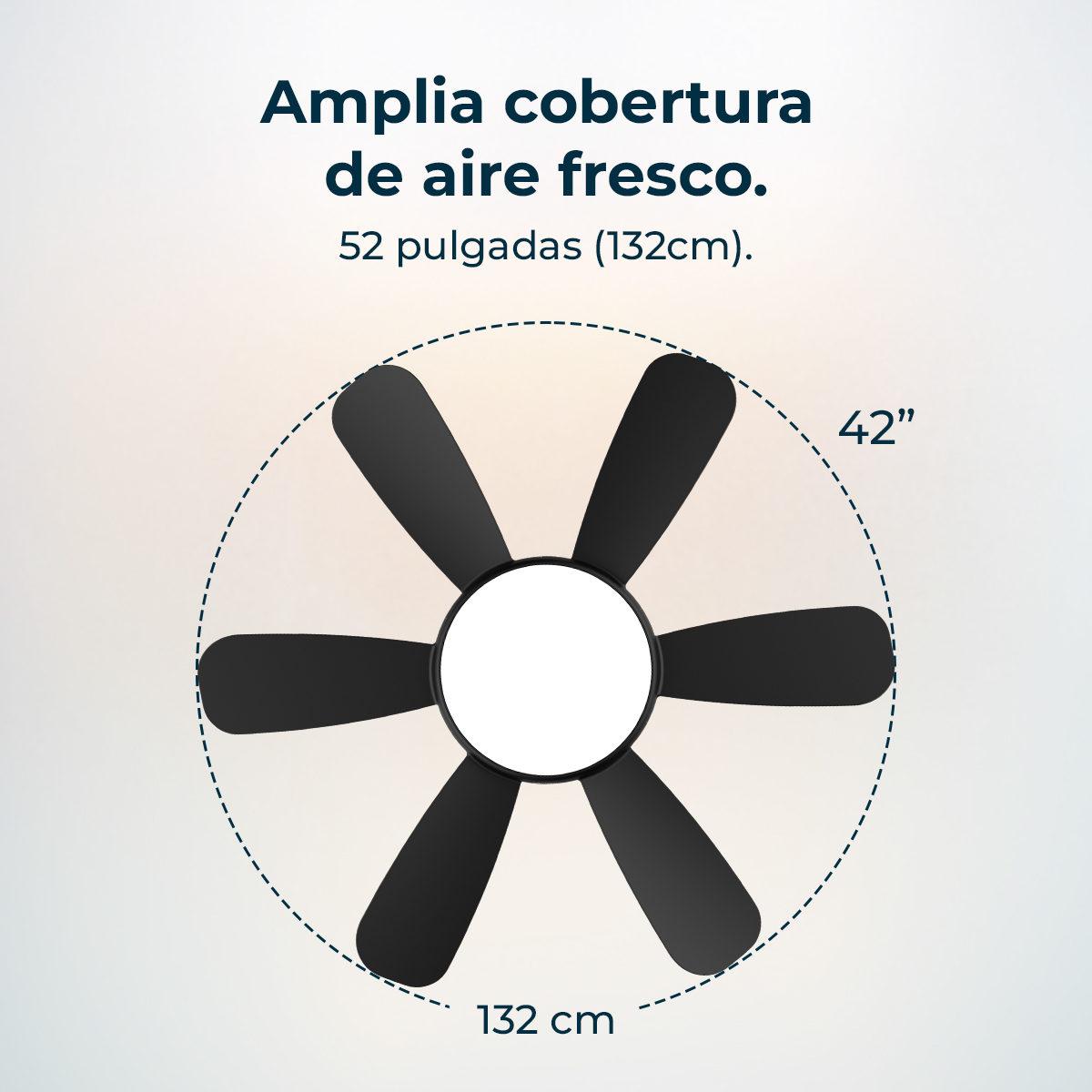 Un ventilador de techo negro con seis aspas, centro blanco y texto que indica el tamaño en pulgadas y centímetros sobre un fondo degradado.