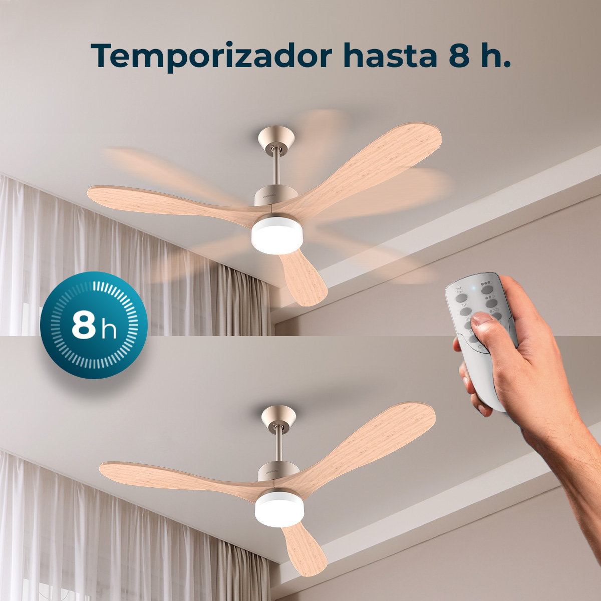 Ventilador de techo con aspas de madera, luz y mando. Temporizador hasta 8h. Mano con mando. El ventilador gira.