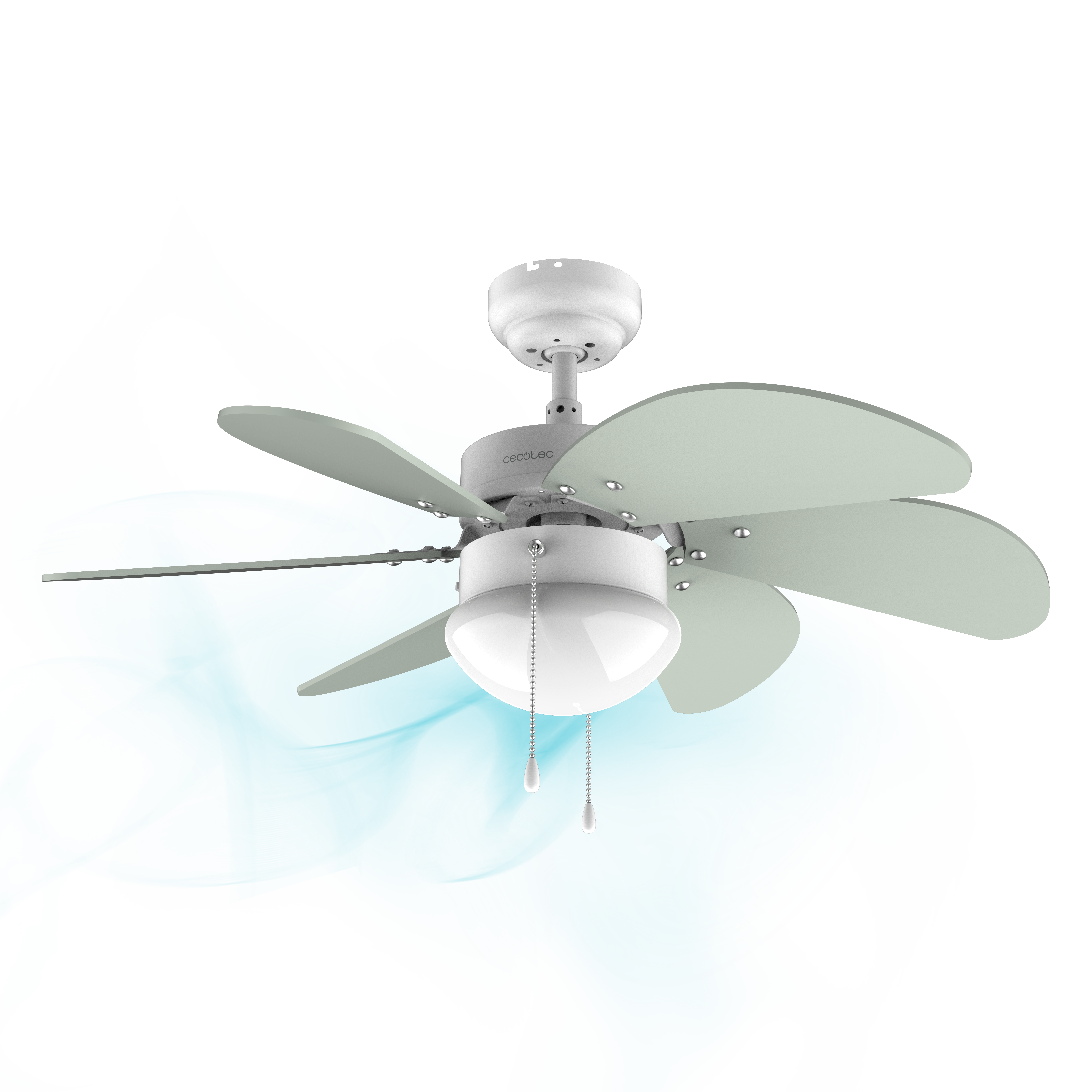 Un ventilador de techo blanco y gris con cinco aspas. Se adjunta una luz. El fondo tiene patrones azul claro.