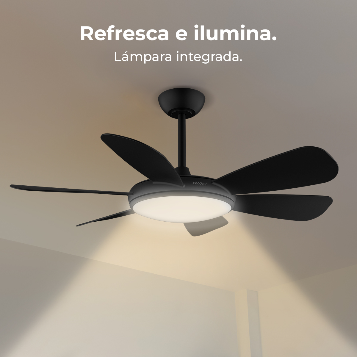 Un ventilador de techo negro con luz incorporada montado en un techo claro. Las aspas son curvas. La luz está encendida.