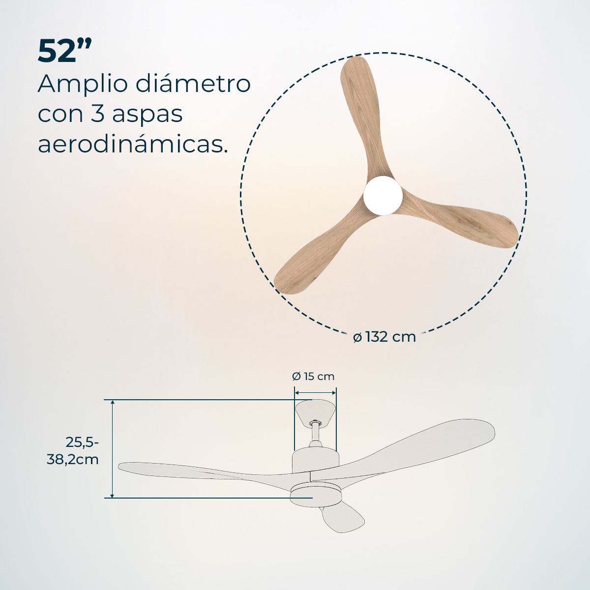 Diagrama de un ventilador de techo con tres aspas. Las dimensiones se dan en cm y pulgadas. El texto describe las características del ventilador.