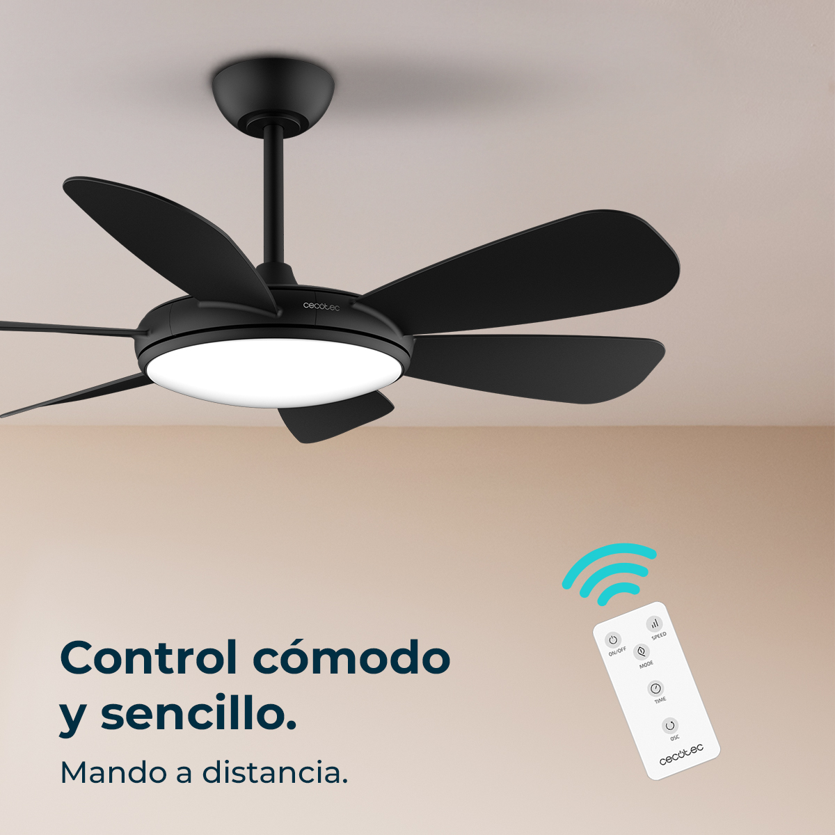 Un ventilador de techo negro con mando a distancia, texto en español: "Control cómodo y sencillo. Mando a distancia."