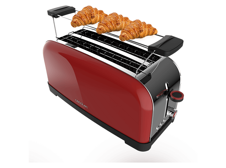 Tostadora - Cecotec Toastin’ time 1500 Red, W, Doble ranura larga, 4 tostadas, Soporte panecillos, Acero inoxidable, Rojo