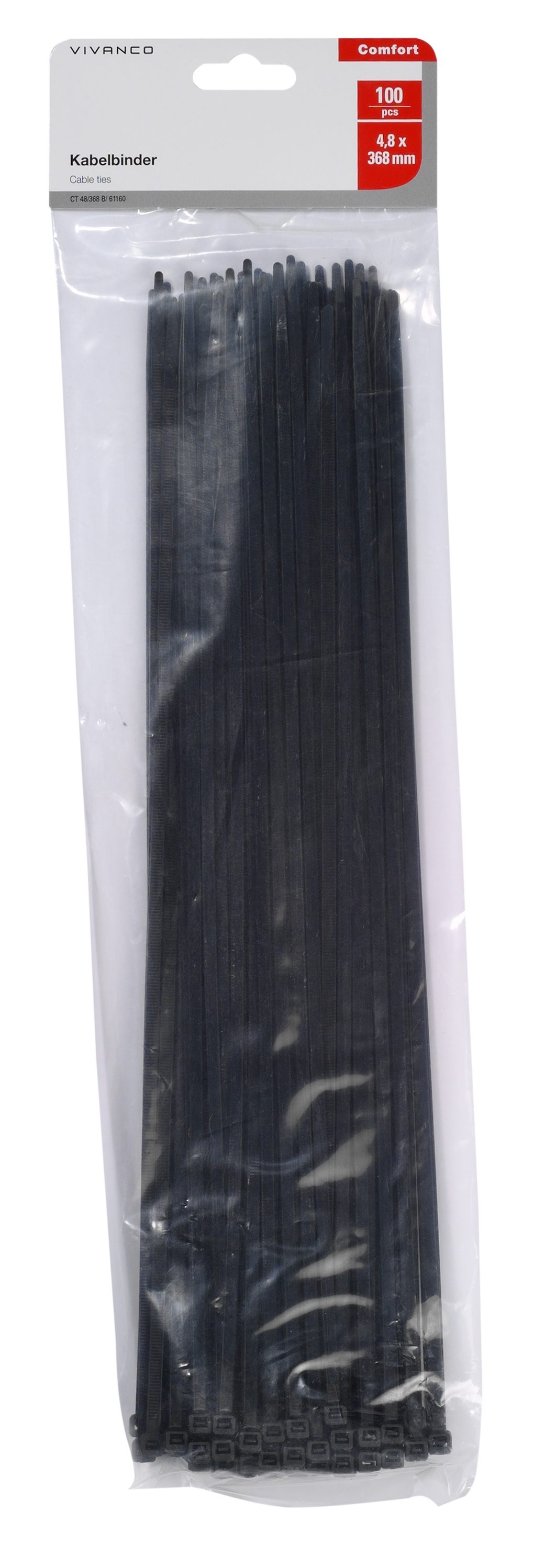 Eine transparente Plastiktüte enthält schwarze Kabelbinder. Die Tüte hat ein rotes Etikett mit weißem Text.