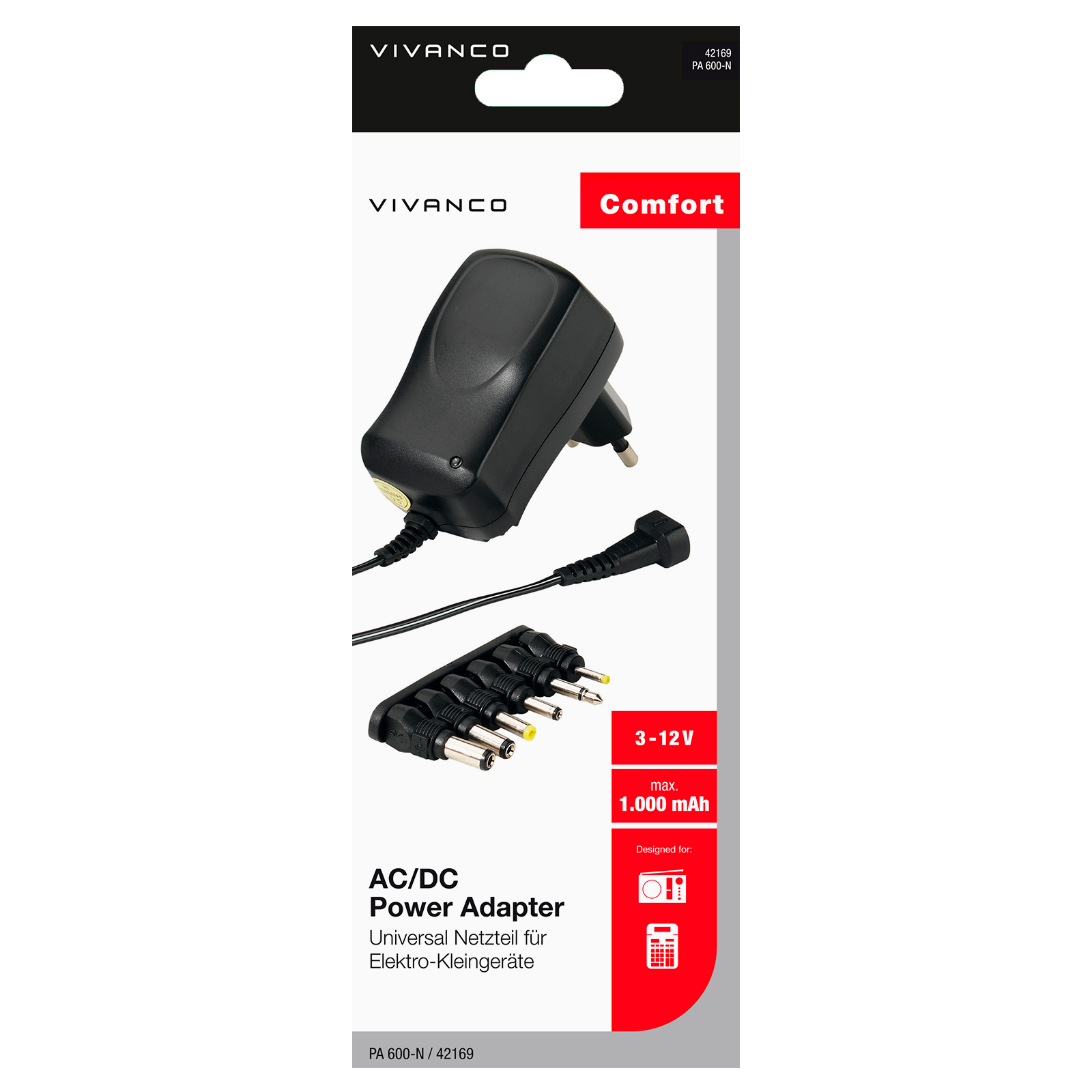 Ein schwarzes Vivanco AC/DC-Netzteil mit mehreren Anschlussspitzen, 3-12 V, und einem roten 'Comfort'-Etikett auf weißem Grund.