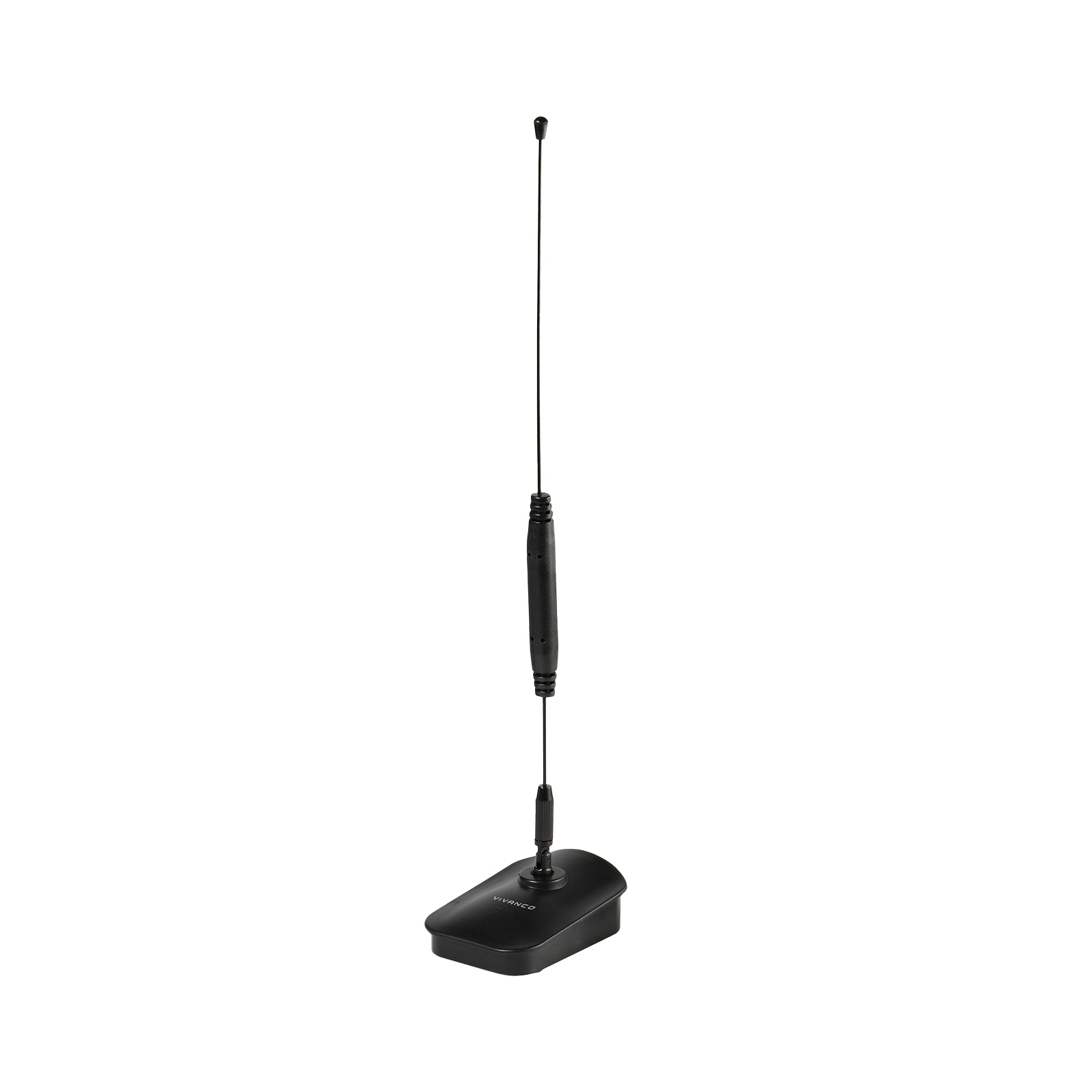 Eine schwarze Antenne mit Sockel auf weißem Grund. Sie hat eine lange, dünne Stange, die nach oben ragt.