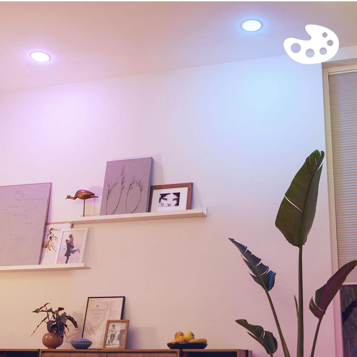 Salón con dos luces de techo, obras de arte y una planta grande. Estantes con fotos y decoración. La iluminación crea un gradiente.