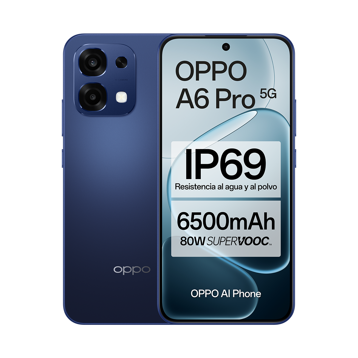 Teléfono azul Oppo A6 Pro 5G. Características incluyen clasificación IP69, batería de 6500mAh y carga Supervooc de 80W.