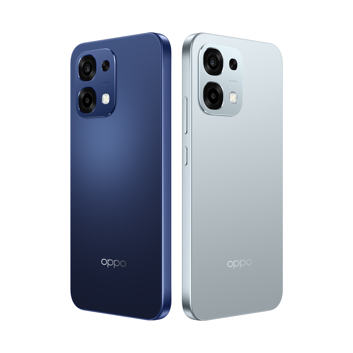 Dos teléfonos Oppo, uno azul, otro plateado. Ambos tienen varias cámaras y el logotipo de Oppo.
