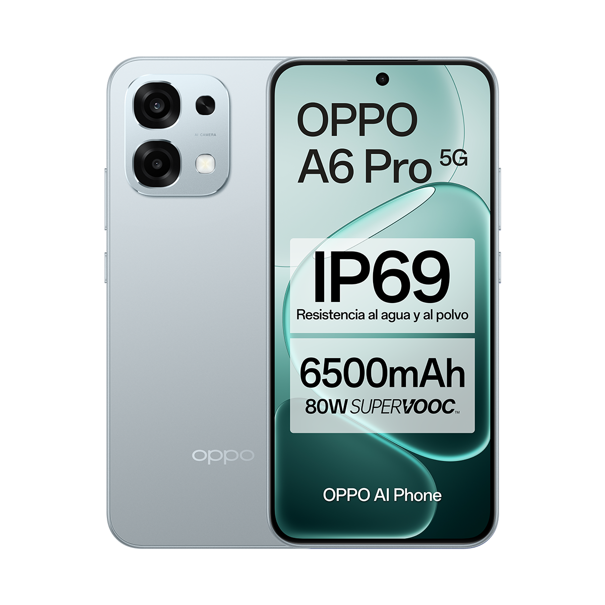 Un teléfono Oppo A6 Pro 5G azul claro, mostrando la pantalla con detalles: IP69, 6500mAh y 80W SUPERVOOC. Tiene triple cámara.