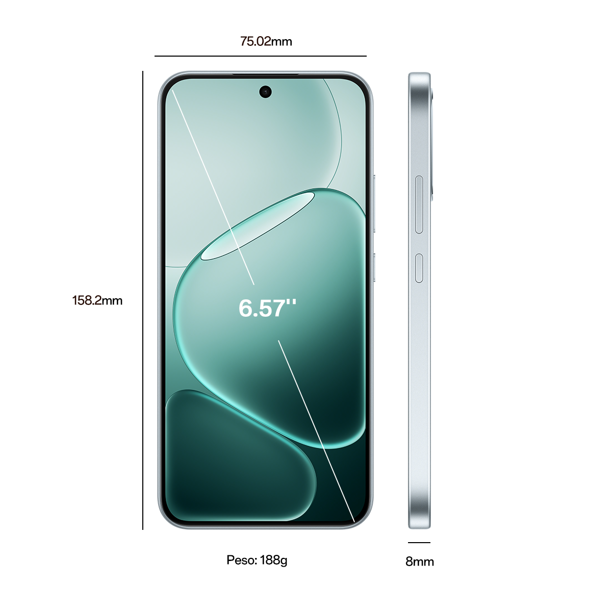 Un smartphone, vista lateral y frontal, con medidas: 158,2 mm, 75,02 mm, 8 mm y 6,57 pulgadas. Peso: 188g.