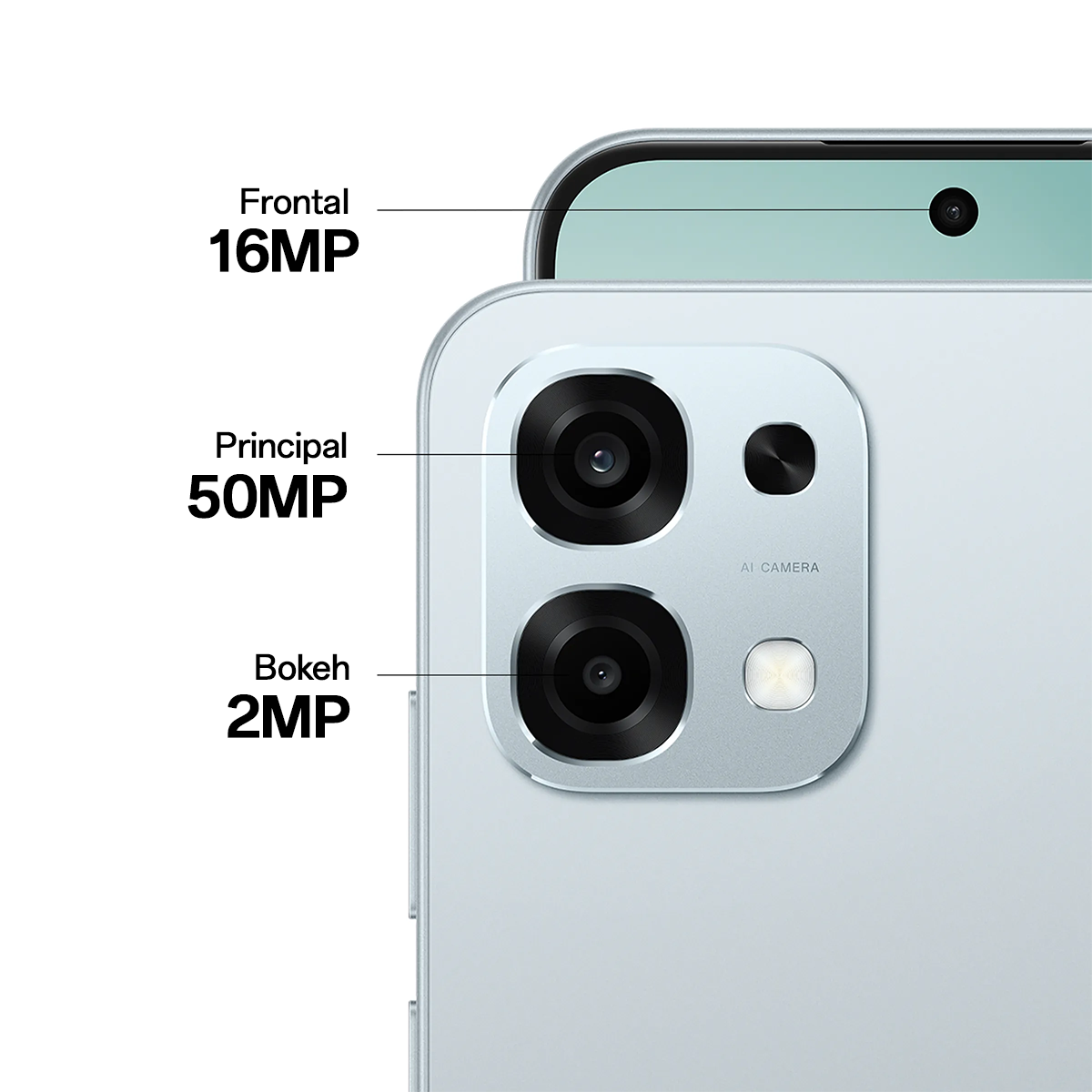 Primer plano de un smartphone. Muestra la parte trasera con tres cámaras etiquetadas como Principal 50MP, Bokeh 2MP, y la frontal con 16MP.