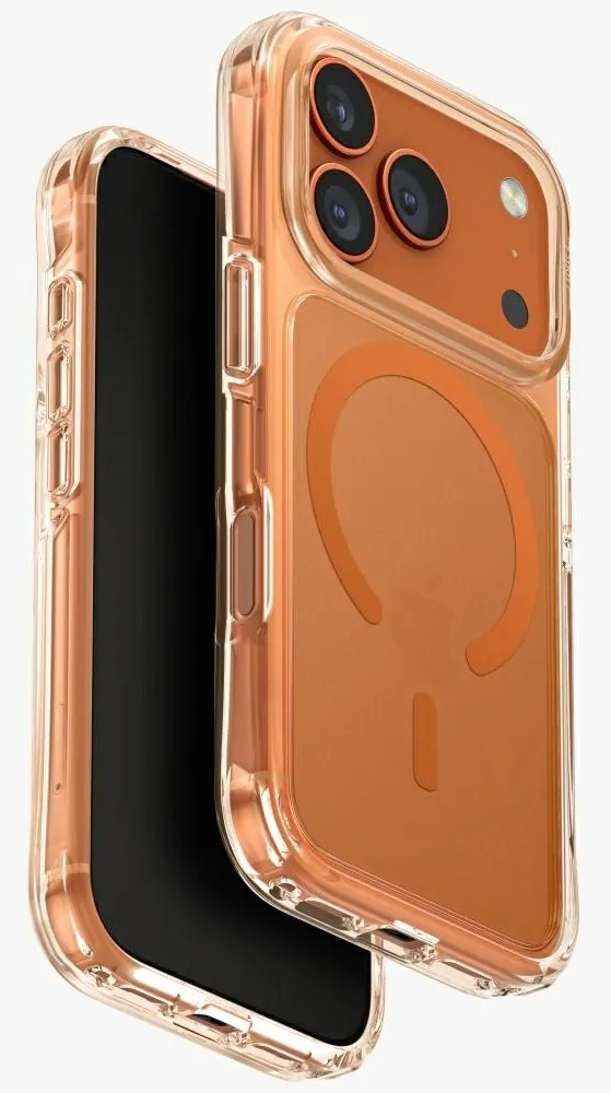 Przezroczyste pomarańczowe etui na telefon z trzema aparatami.