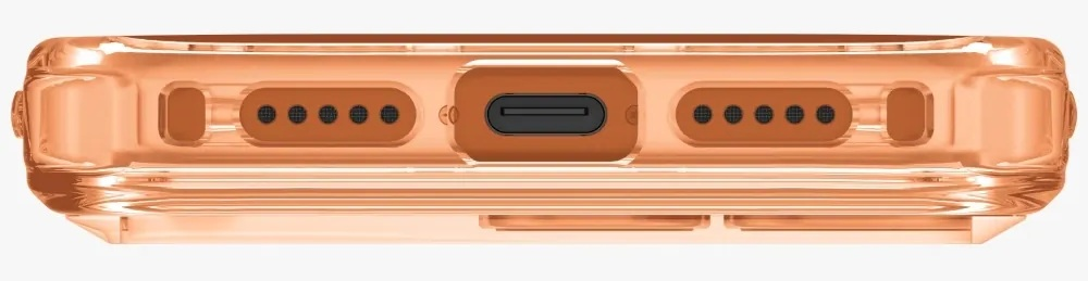 Dół brązowej słuchawki z portem ładowania i otworami głośników.