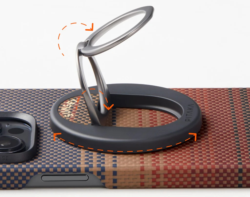 Czarny uchwyt na telefon z srebrnym uchwytem na etui z wzorem.