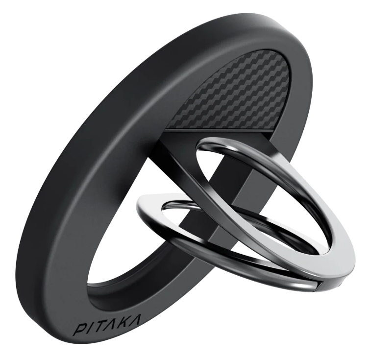 Czarny uchwyt pierścieniowy ze srebrnymi pierścieniami na białym tle.