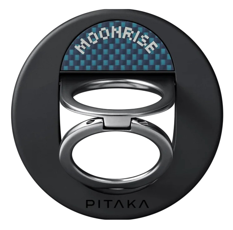 Czarny uchwyt na pierścień do telefonu z niebieskim wzorem w kratkę i napisem "MOONRISE".