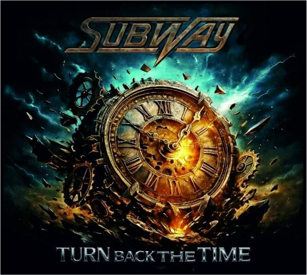 Albumcover: Subway, Turn Back The Time. Eine Uhr mit römischen Ziffern explodiert. Blitze schlagen in einem dunklen, stürmischen Hintergrund ein.