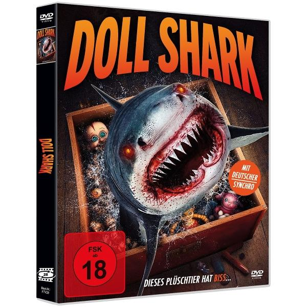 DVD-Cover für 'Doll Shark'. Ein Hai mit Puppen im Maul. Text sagt 'Doll Shark', 'FSK 18' und 'Mit deutscher Synchro'.