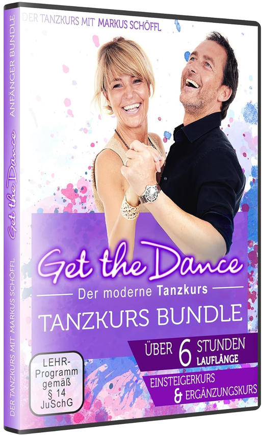 DVD-Cover: Lächelndes Tanzpaar, lila Text 'Get the Dance', Tanzkurs-Bundle, über 6 Stunden, Anfänger & Ergänzungskurs.