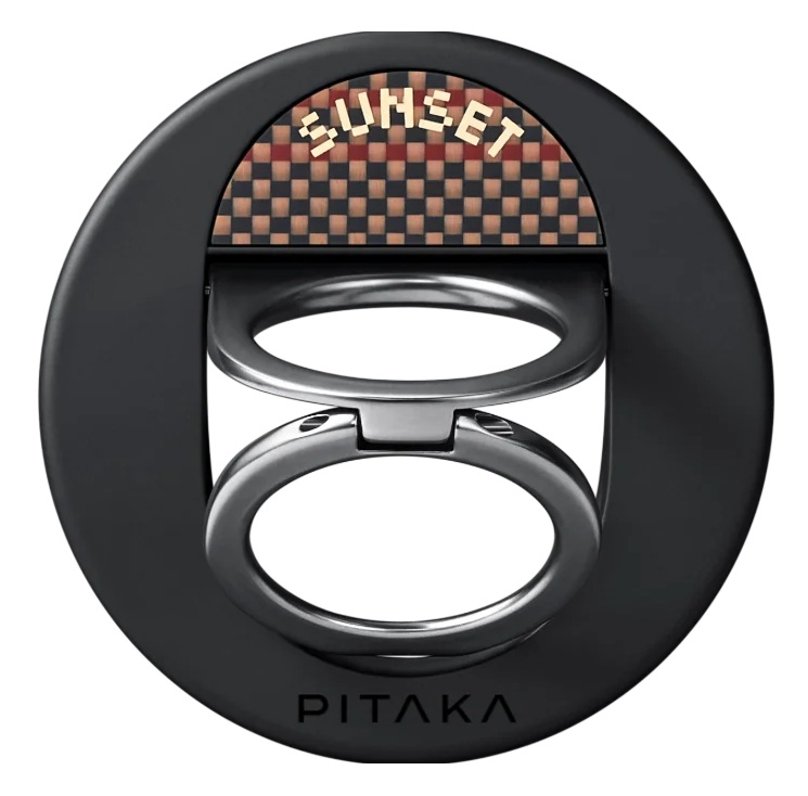 Czarny uchwyt na telefon z dwoma pierścieniami, z napisem SUNSET.