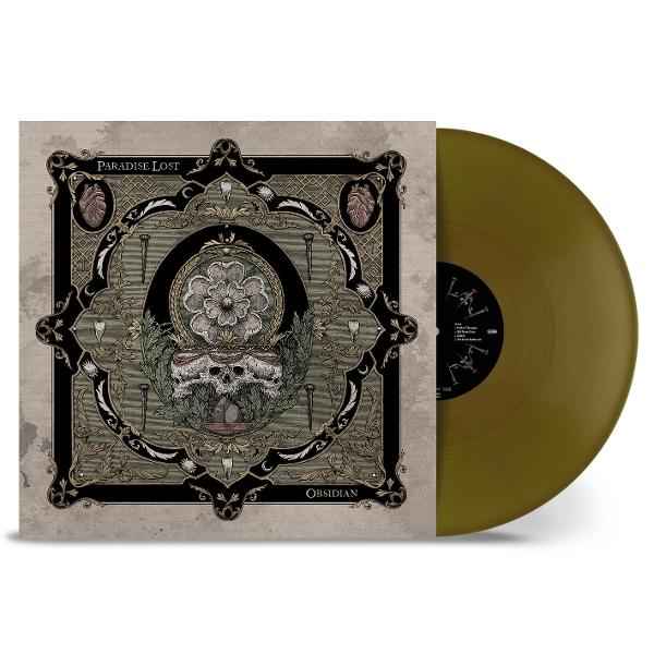 Album borító: Paradise Lost, Obsidian. Koponyát, virágot, szögeket és zöld bakelit lemezt ábrázol.