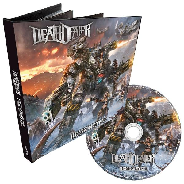 Albumcover: Death Dealer 'Reign of Steel'. Ein riesiger Roboter kämpft, andere Soldaten, Berge und CD sind ebenfalls abgebildet.