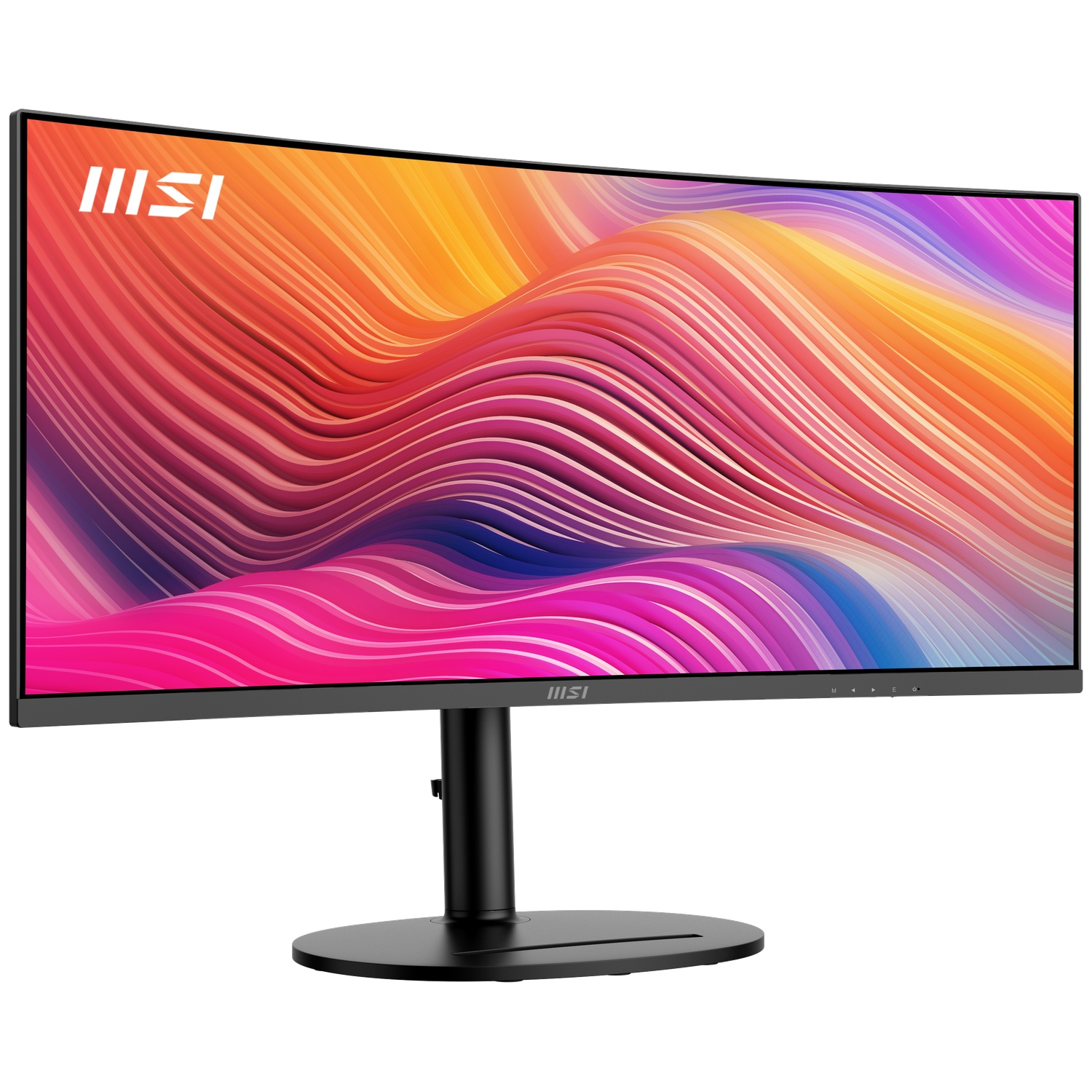 Curved MSI monitor displaying abstract colorful lines. It has a black stand and bezel, with the MSI logo at the top.