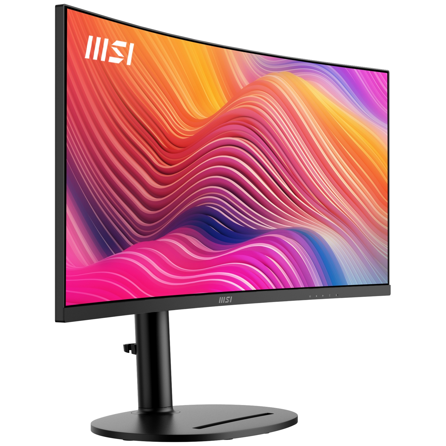 Curved MSI monitor with colorful abstract display. Black stand and bezel. White background.