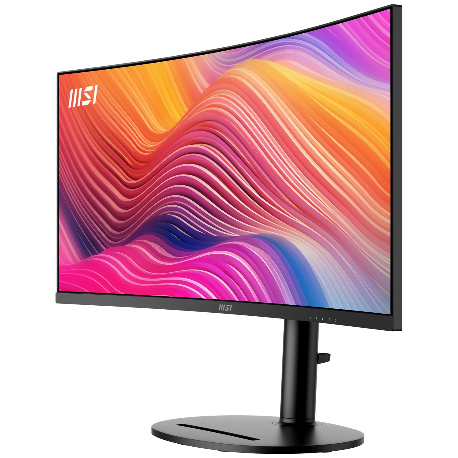 Curved MSI monitor. The screen displays a colorful abstract design. It has a black stand and a white background.