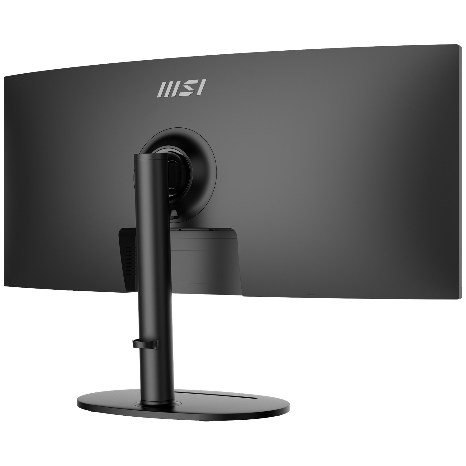 The back of a curved black monitor with a stand. The MSI logo is visible on the upper center. The stand is black and round.