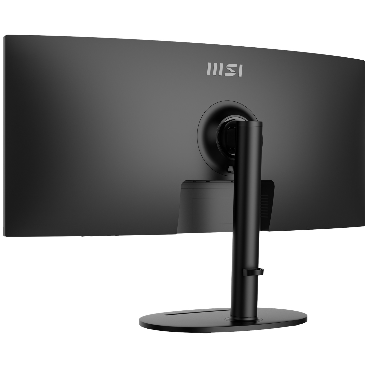 The back of a curved, black computer monitor. It has a stand and the MSI logo. The stand and monitor are black.