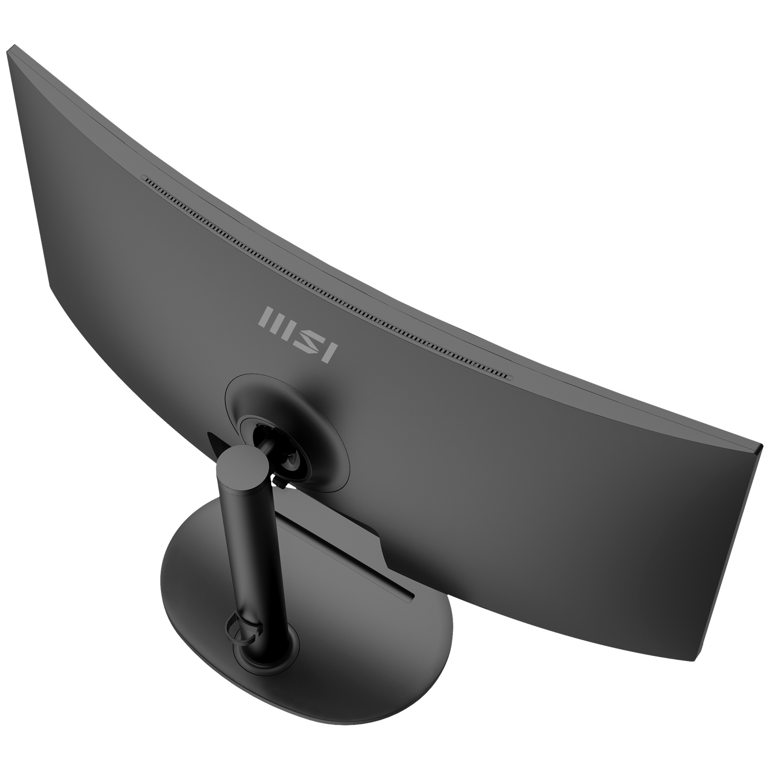 A curved black computer monitor with a stand is shown from a high angle. The MSI logo is visible on the back.