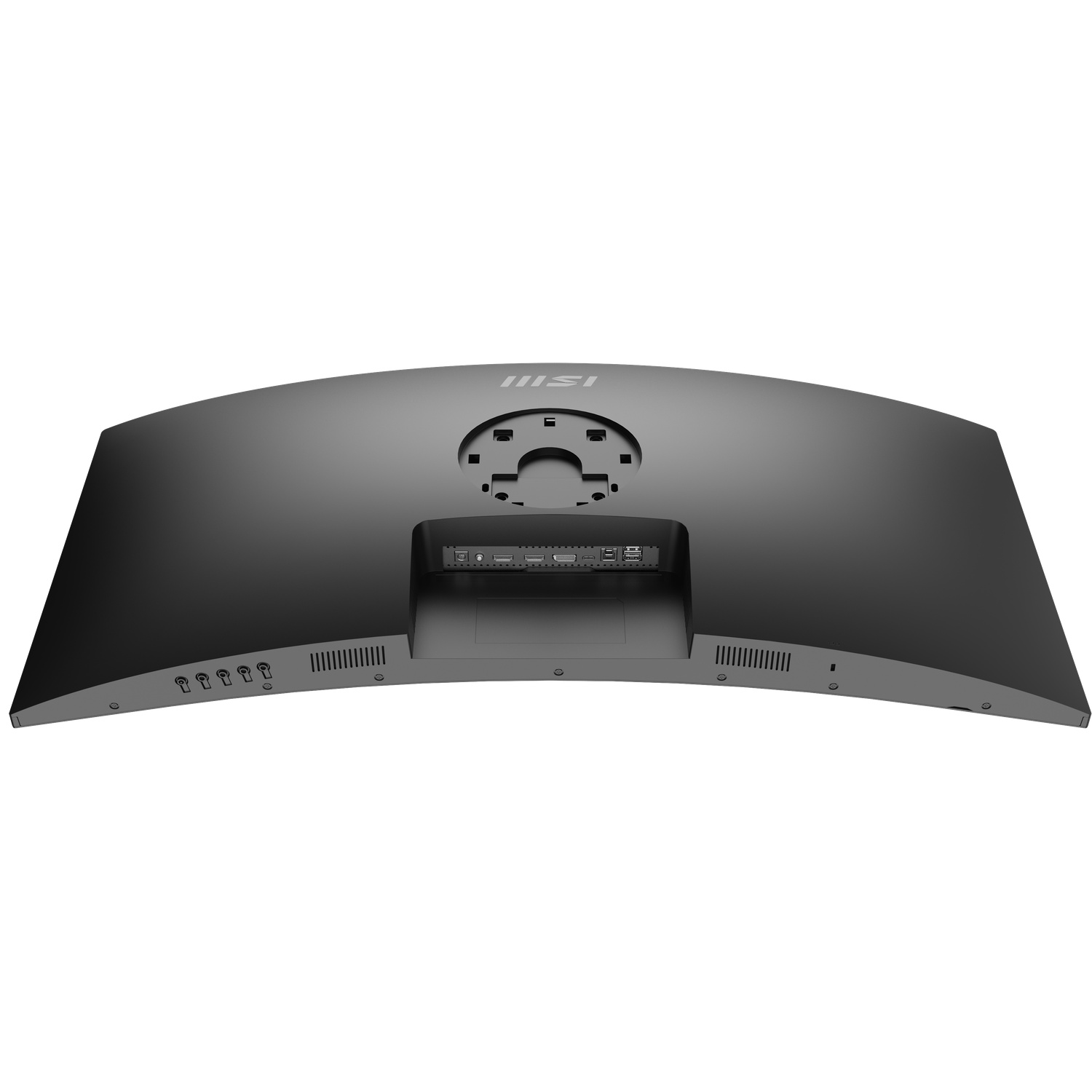 The back of a curved black computer monitor. The MSI logo is at the top. Ports, inputs, and ventilation are visible.
