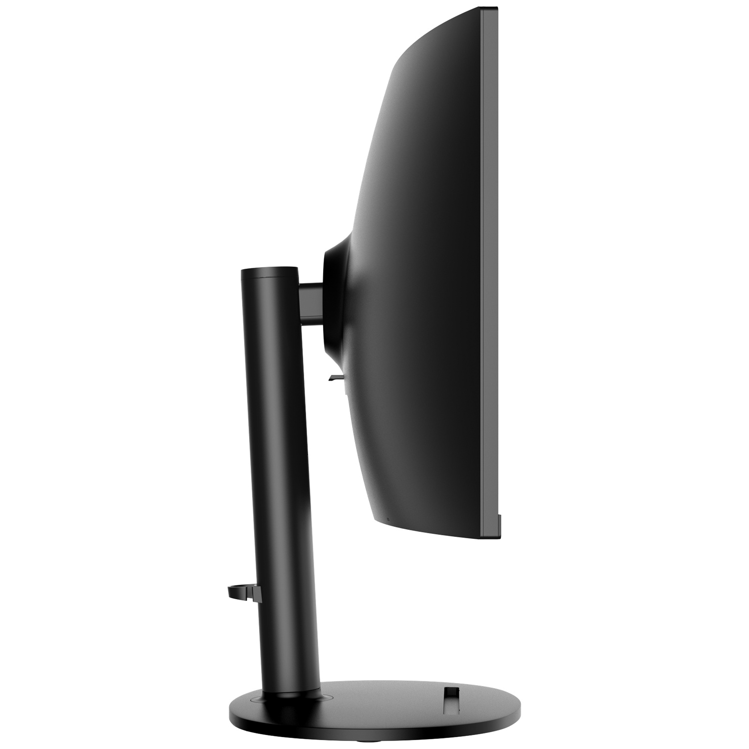 Side view of a black computer monitor. The screen is curved. The monitor is on a black stand.