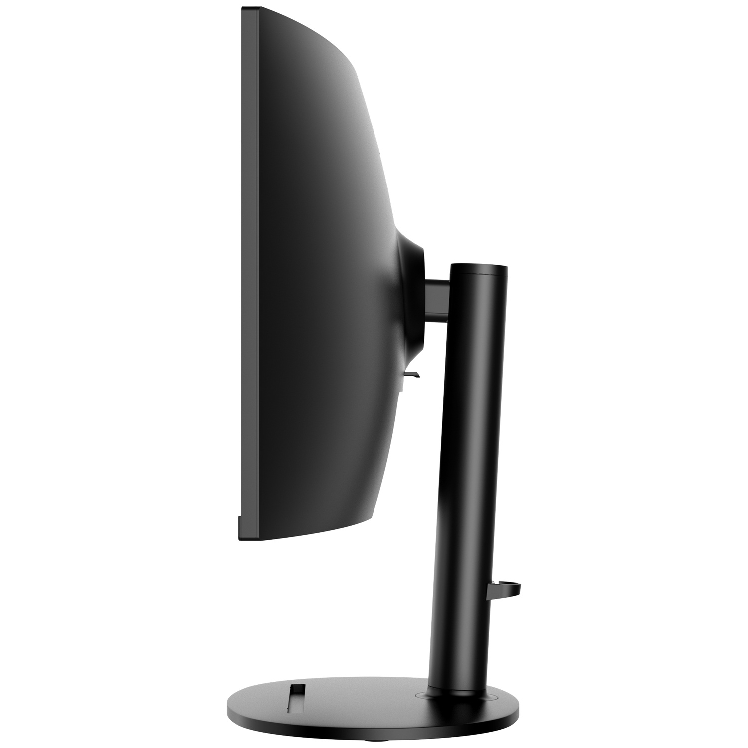 Side view of a black computer monitor. The screen is curved. It has a stand with a round base and a vertical support.