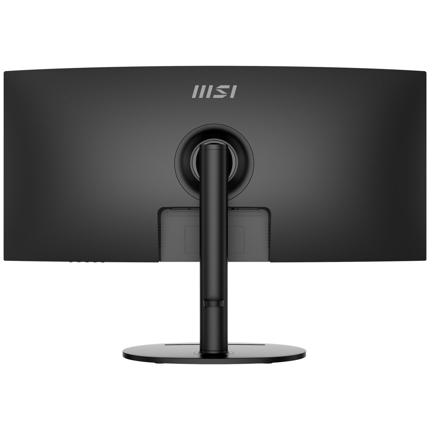 Black MSI monitor, rear view. It has a curved screen, a central stand, and a round base. The MSI logo is at the top.