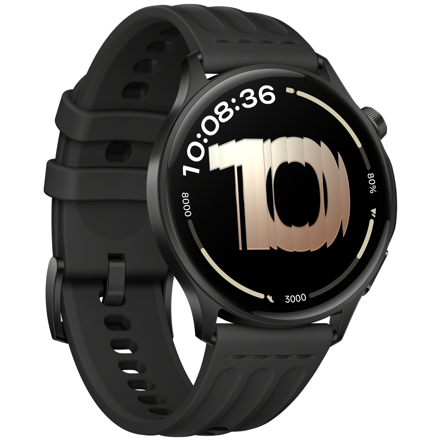 Een zwarte smartwatch. De wijzerplaat toont de tijd, 10:08:36, en het getal 10 prominent. De band is ook zwart.
