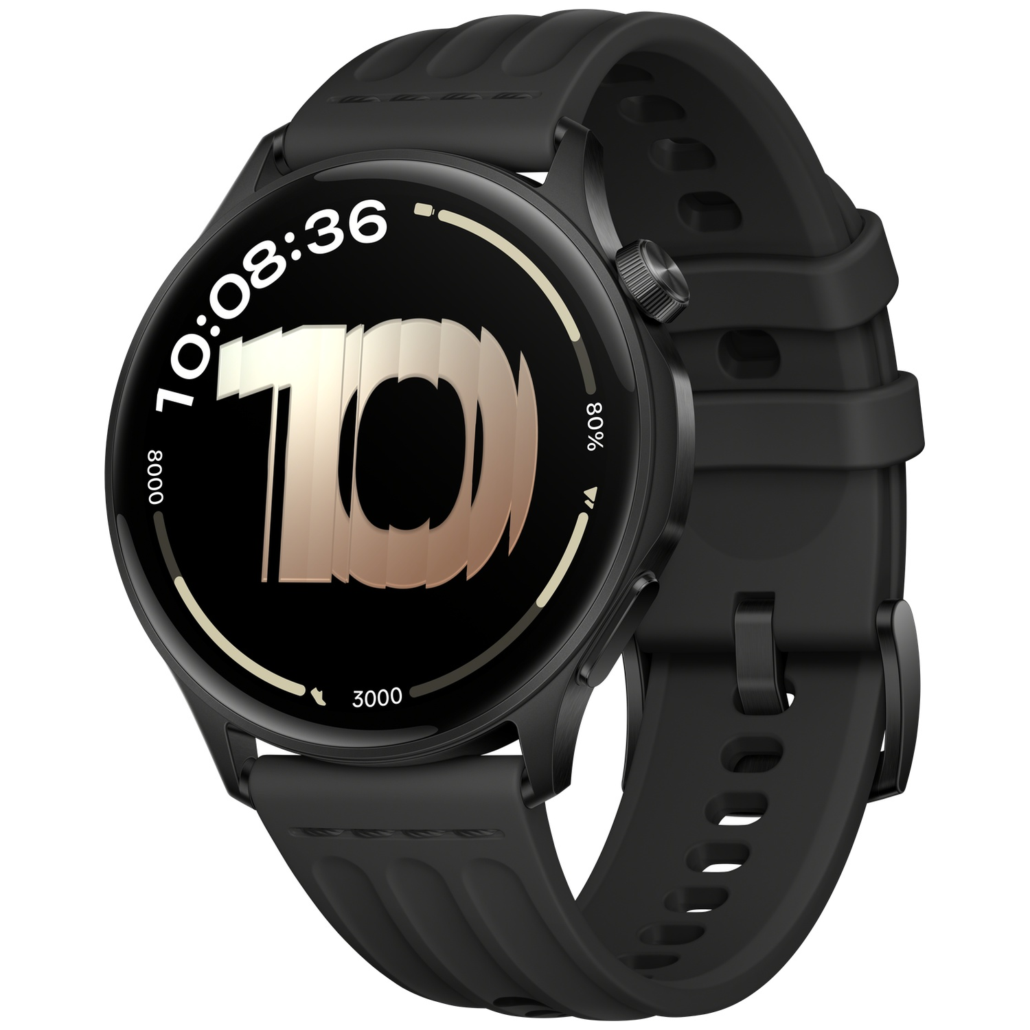 Een zwarte smartwatch met de tijd 10:08:36 met een grote '10' op het scherm en een zwarte band.