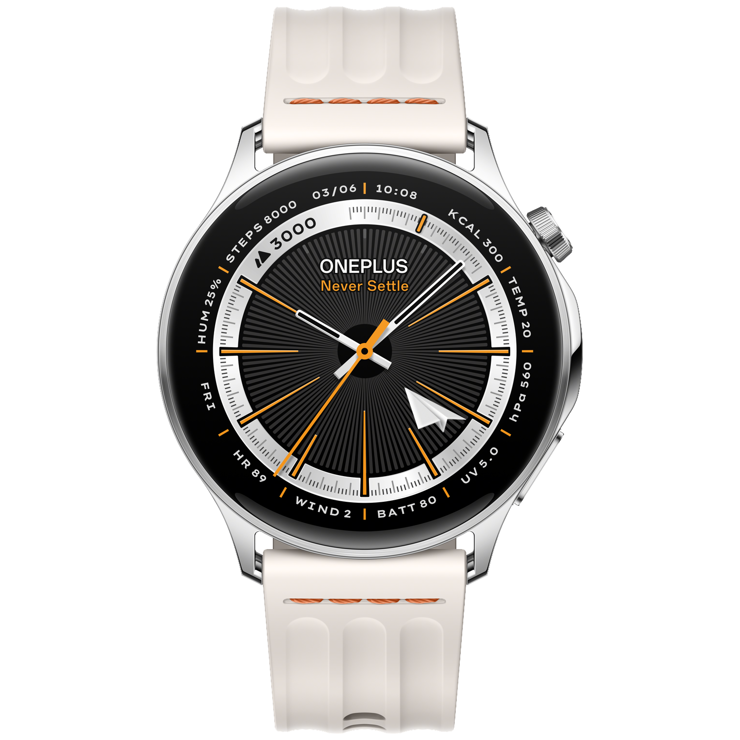 Een witte smartwatch met een zwarte en oranje wijzerplaat. Toont gezondheidsgegevens en het OnePlus-logo. De band is wit.