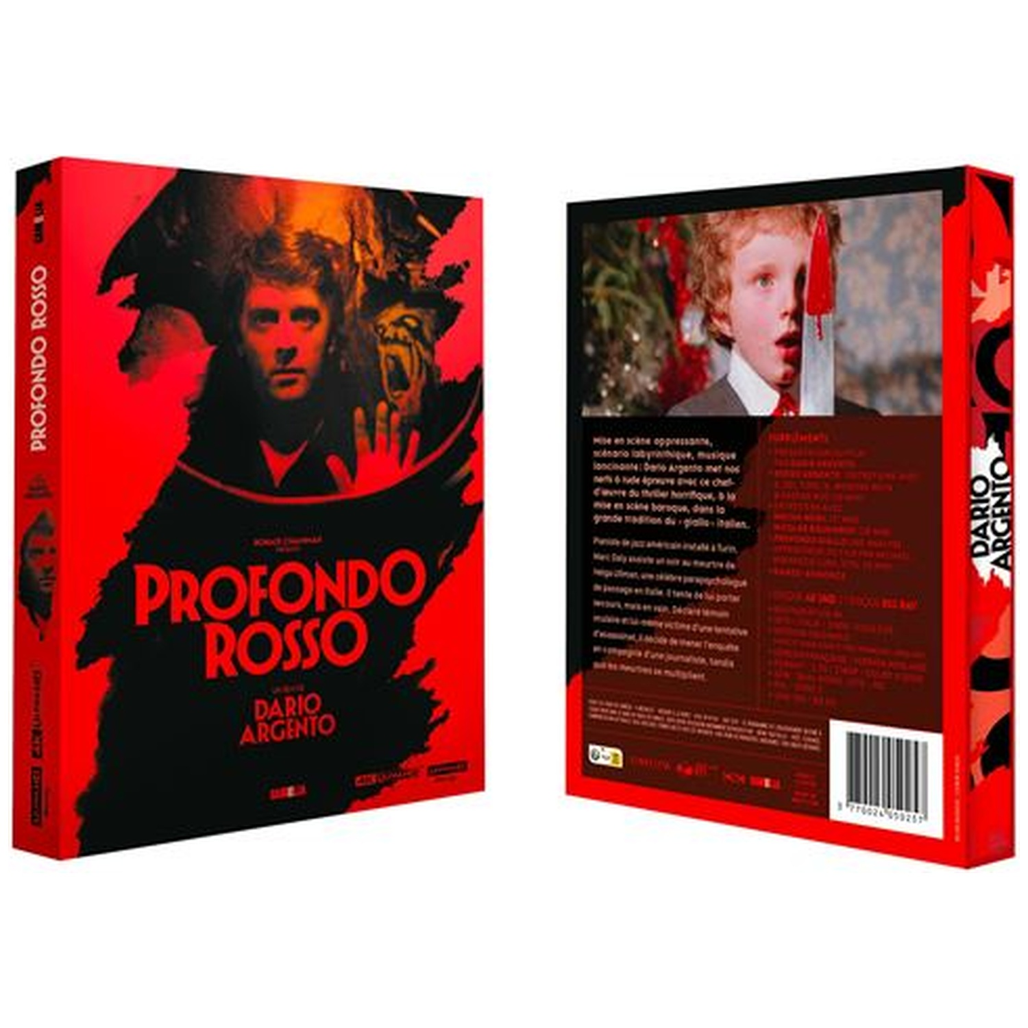 DVD-boxset van 'Profondo Rosso'. Voorkant: gezicht van een man, titel en afbeeldingen. Achterkant: kind met bloedig mes, tekst, streepjescode.