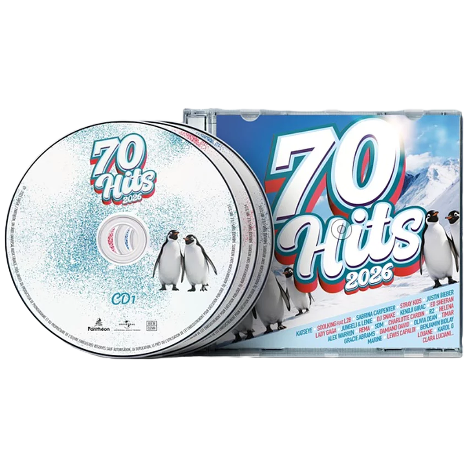 Coffret CD avec '70 Hits 2026'. Les disques montrent des pingouins, le boîtier a des pingouins et un fond bleu avec le titre.