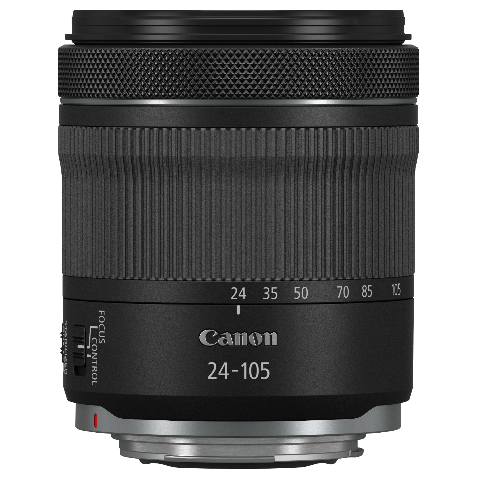 Siyah bir Canon 24-105mm lens. Odak kontrolü ve sabitleme özelliklerine sahiptir. Sayısal ölçek odak uzaklığını gösterir.