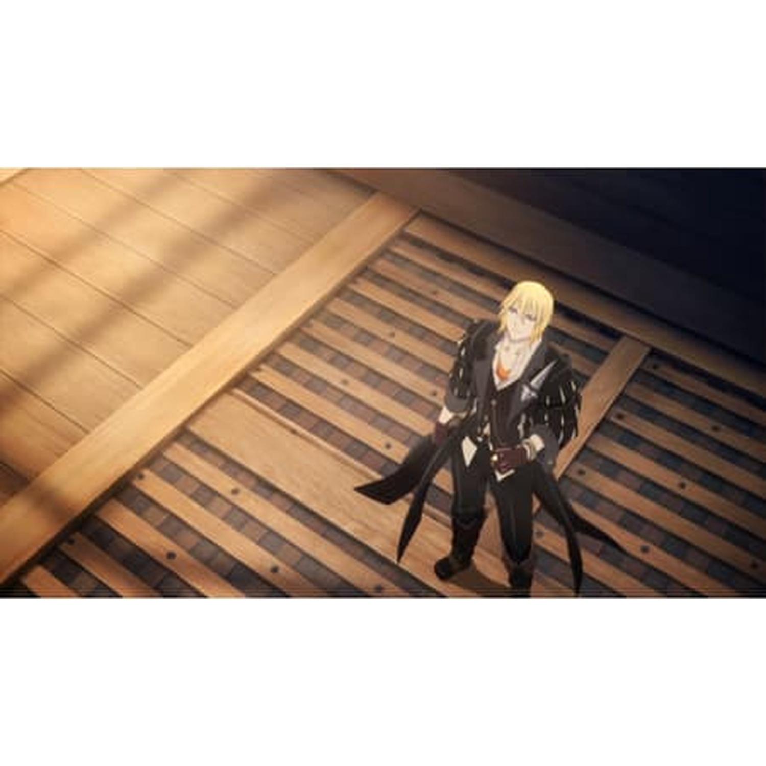 Anime-personage met blond haar, draagt een zwarte jas, staat op een houten vloer.