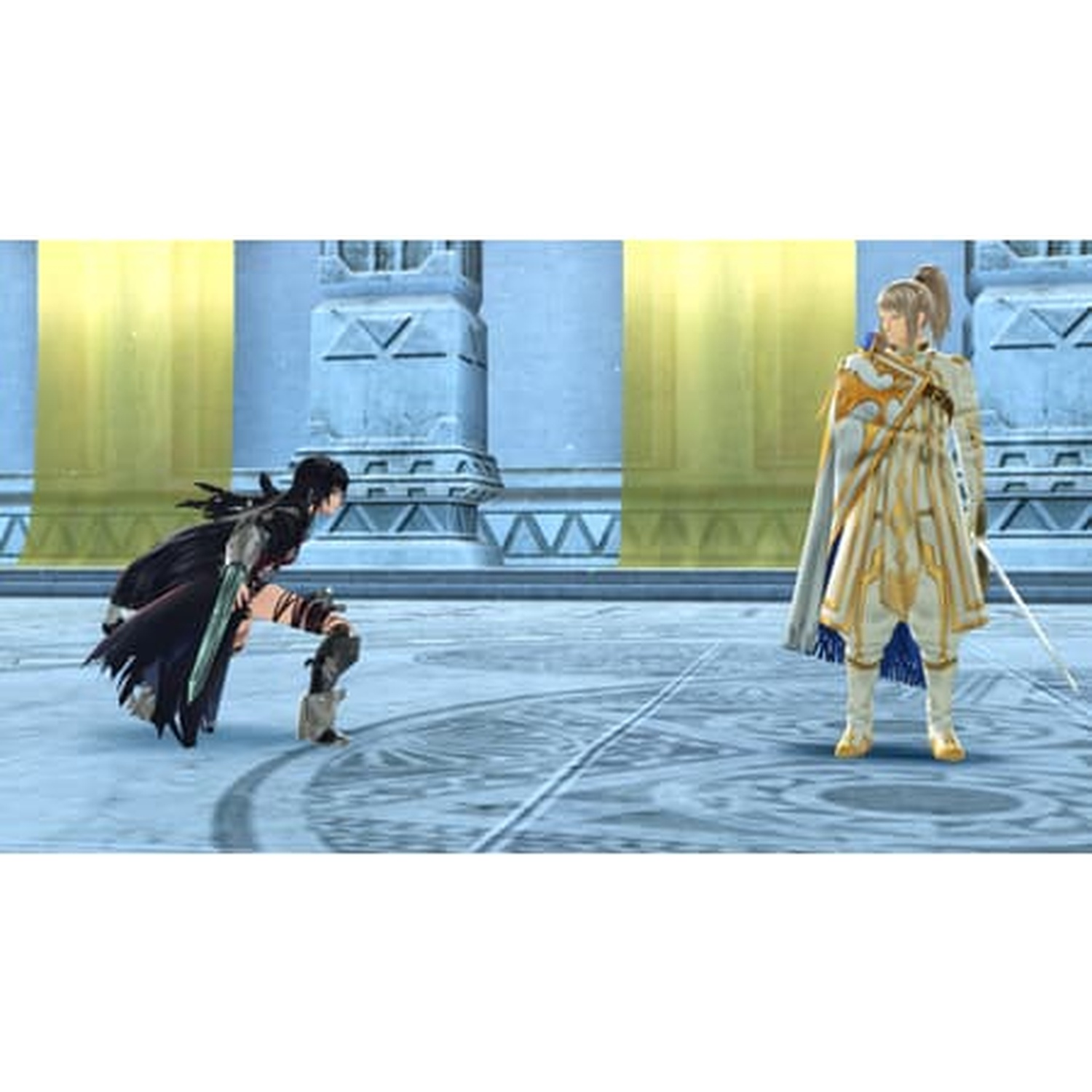 Twee anime-personages staan tegenover elkaar. Eén knielt met een zwaard, de ander staat en houdt een zwaard vast. De achtergrond is een lichte zaal.
