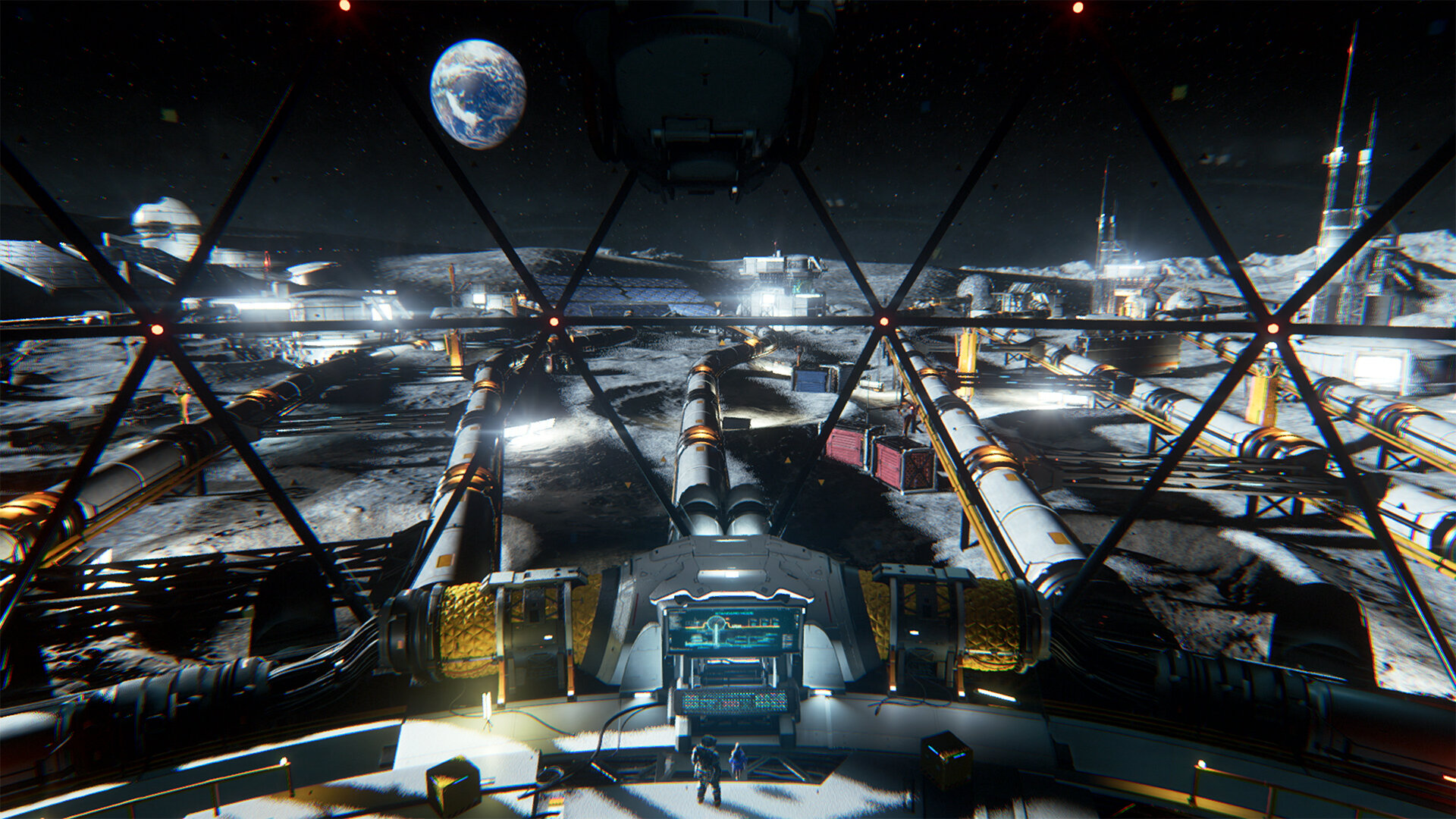 Scena science-fiction z bazy na Księżycu, z Ziemią na niebie. Rury prowadzą do budynków, widok z wnętrza.