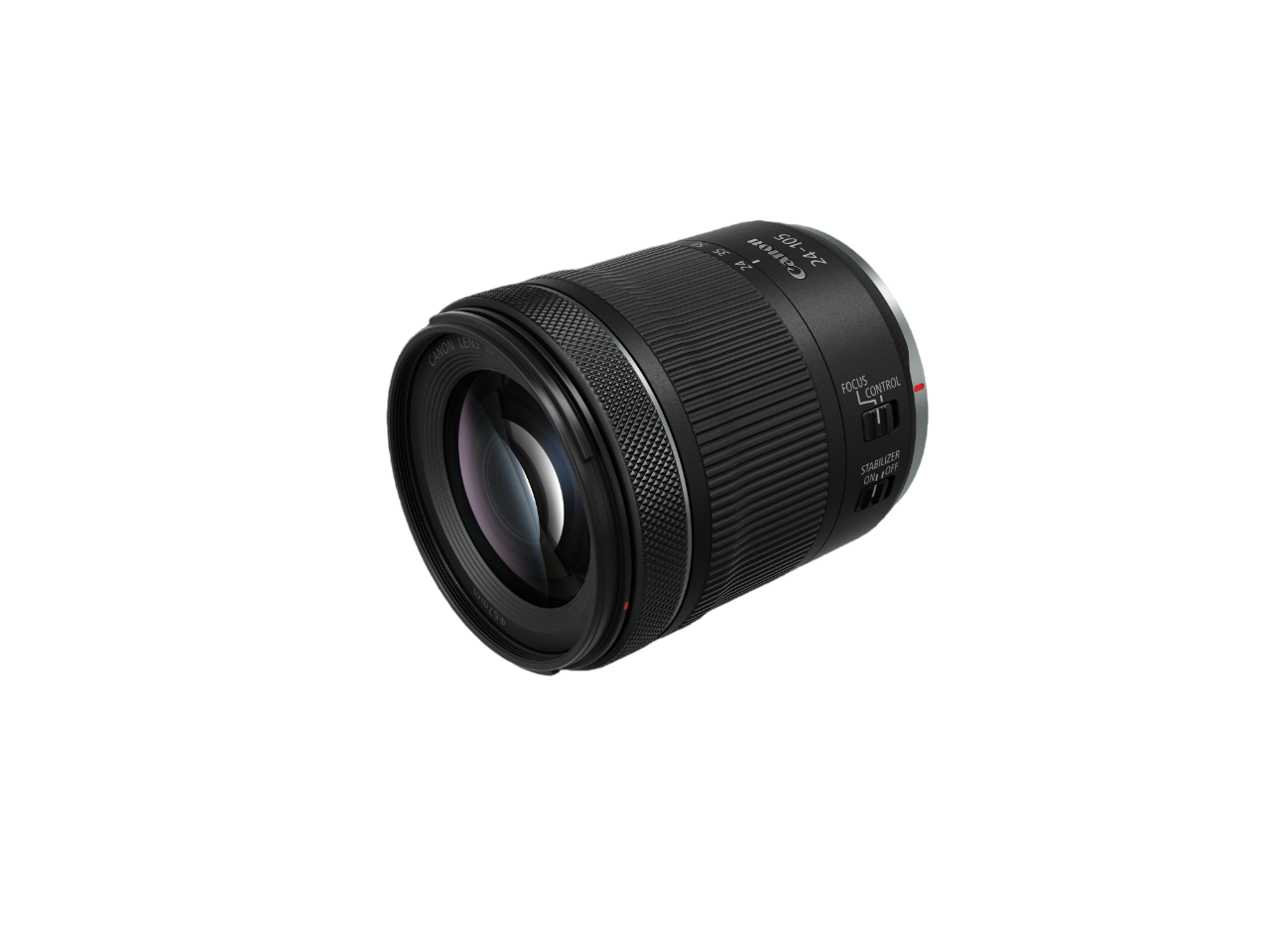 Siyah arka plan üzerinde bir Canon 24-105mm lensi. Oluklu siyah bir gövdeye, lens elemanlarına ve kontrol anahtarlarına sahiptir.