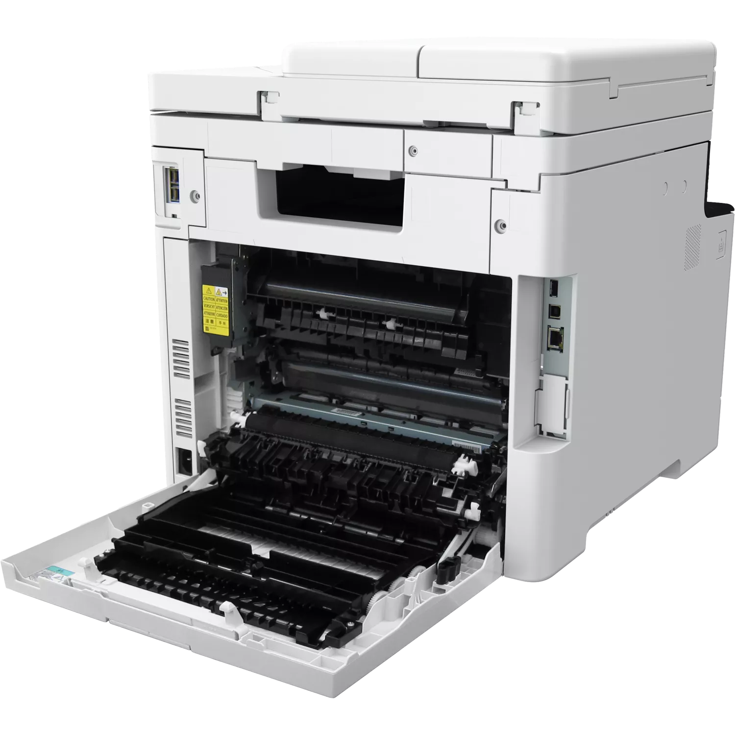 Ein weißer Drucker mit geöffneten Fächern. Schwarze Innenteile sind sichtbar. Der Drucker steht auf dunklem Untergrund.