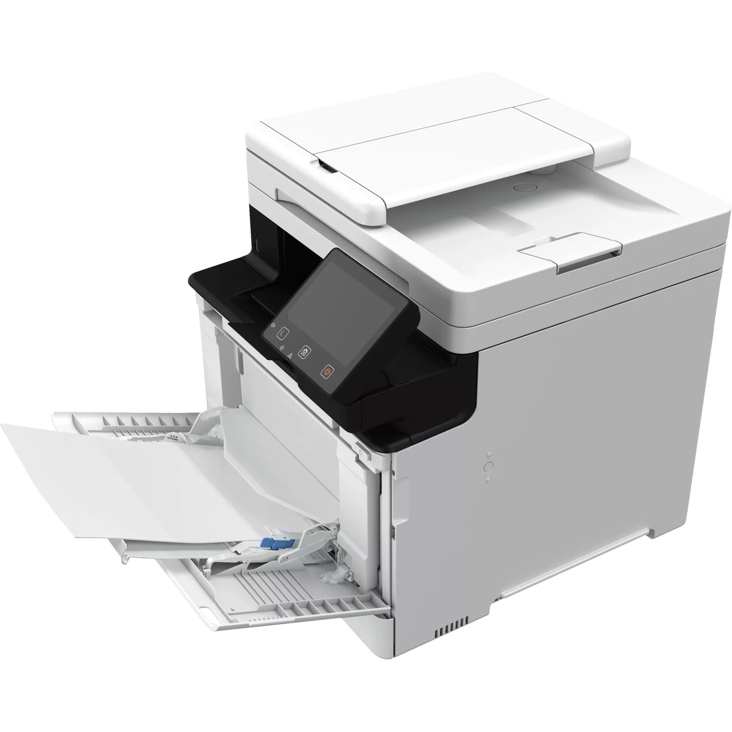 Ein weiß-schwarzer Drucker mit offenem Papierfach, das Papier zeigt. Der Drucker hat ein Bedienfeld und befindet sich auf schwarzem Hintergrund.